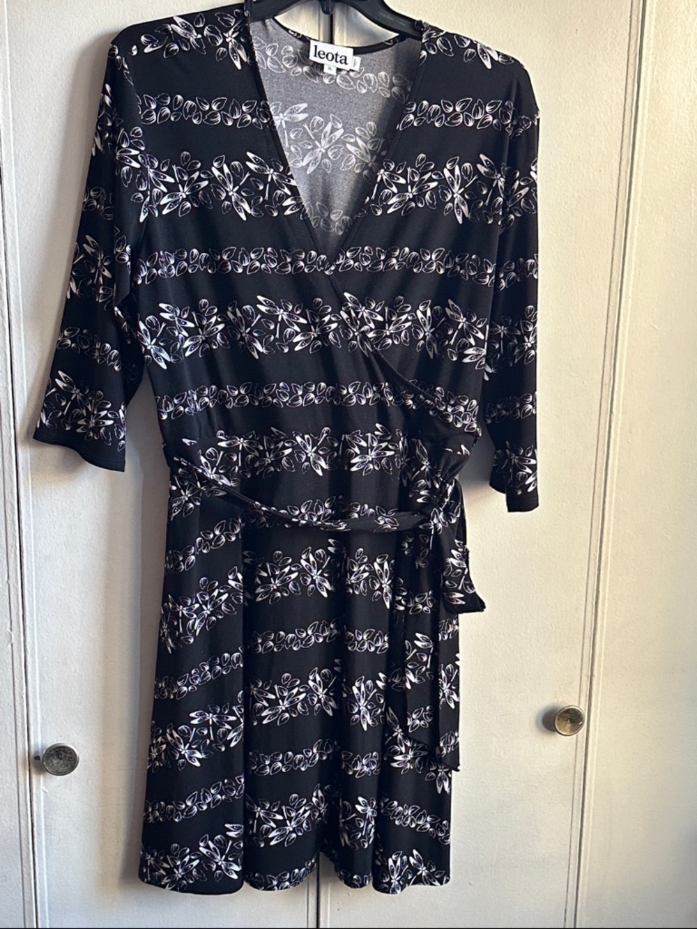 Leota Black and White Floral and Dragonfly Faux Wrap Dress